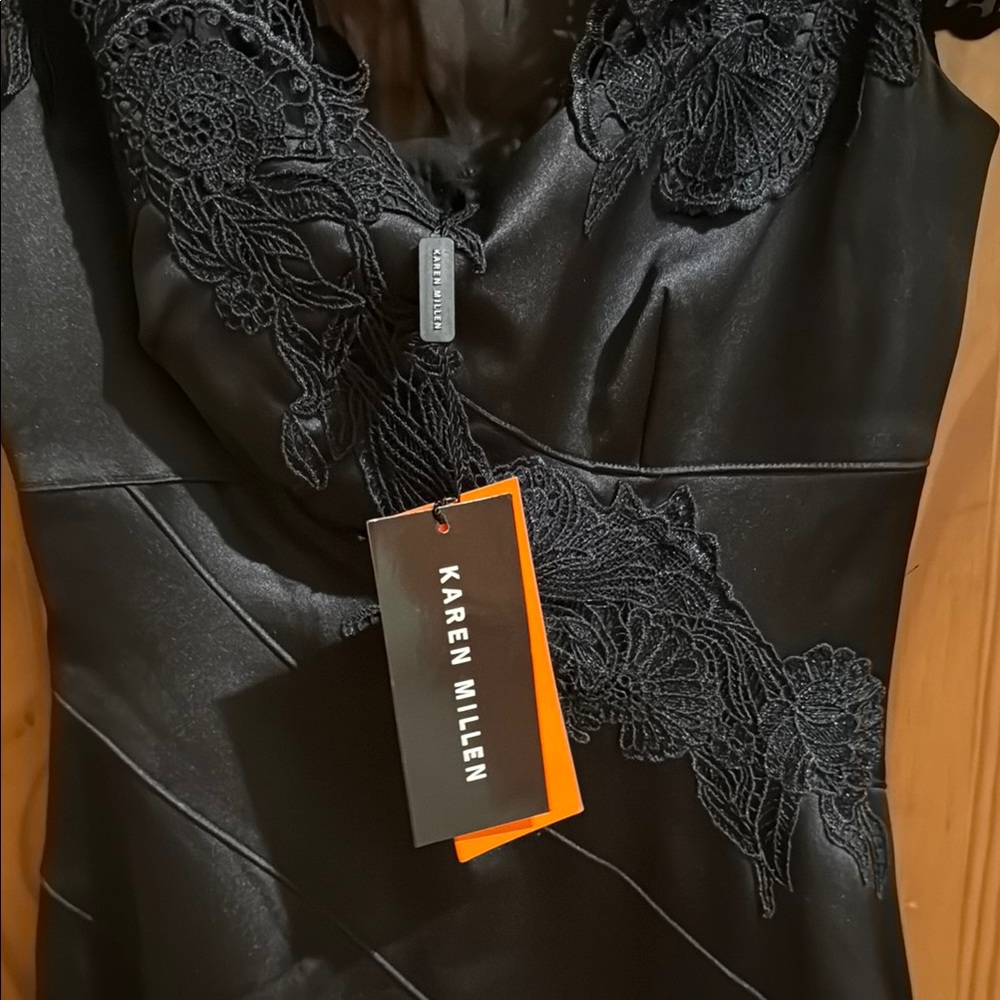 NWT Karen Millen Black Satin Dress with Lace Black Ties Cocktail Wedding Guest - Picture 10 of 13